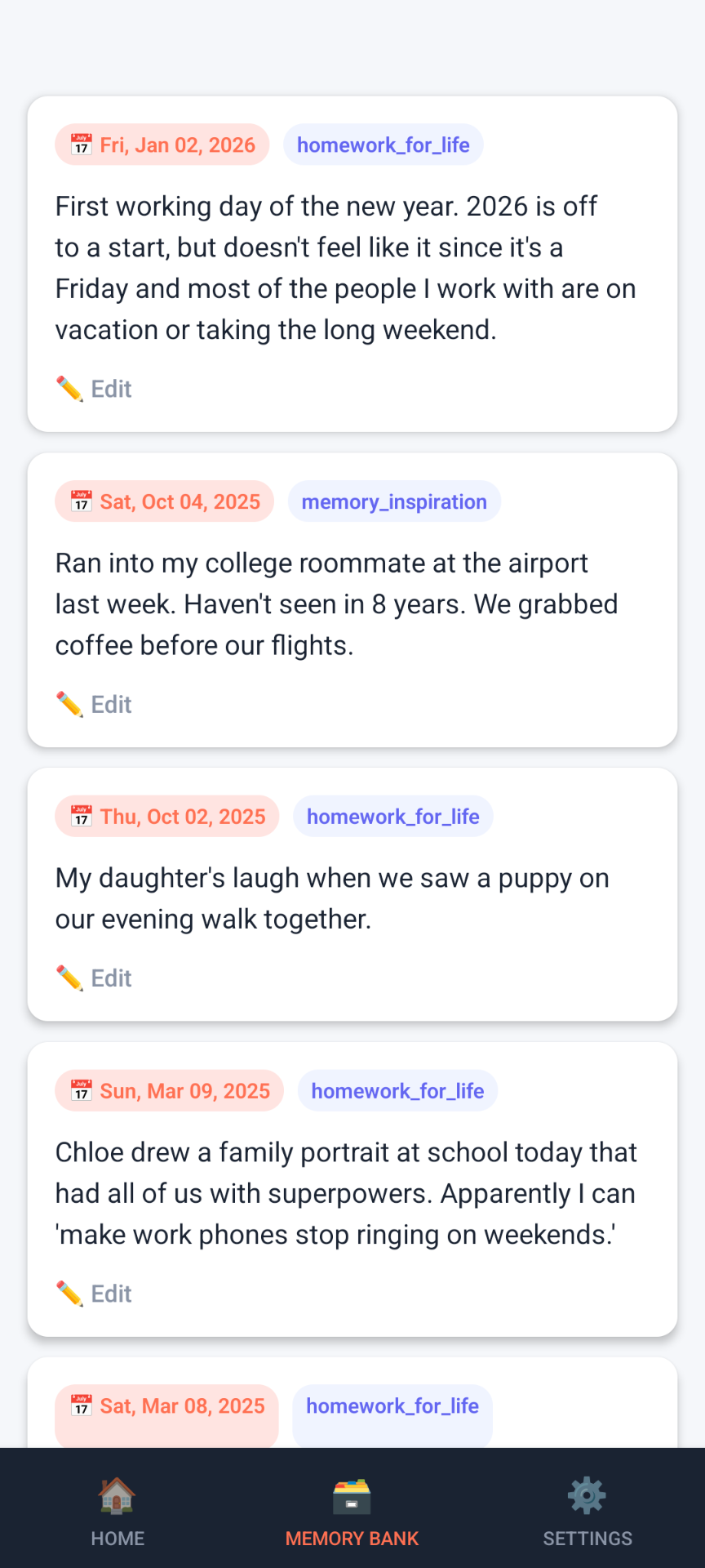 StoryCoach Memory Bank — a list of saved story-worthy moments