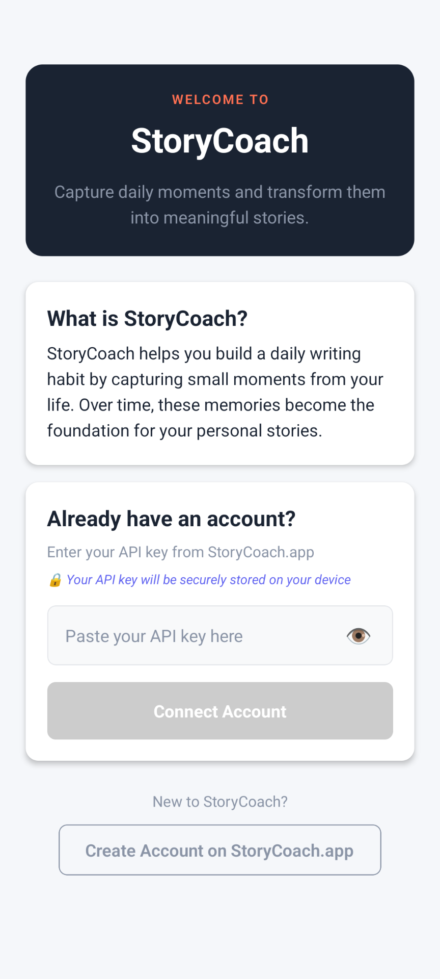 StoryCoach welcome and onboarding screen